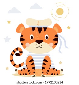 A cute tiger is sitting under the sun. A funny character in sea clothes - a striped vest and a hat with an anchor with ribbons. 2022 year of the tiger. Vector For design, print, postcards, decor