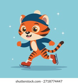 Lindos patines de tigre sobre hielo. Tarjeta festiva, ilustración.