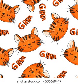  cute tiger sketch vector illustration seamless, print design cat, hand Drawn Vector Illustration of  tiger.