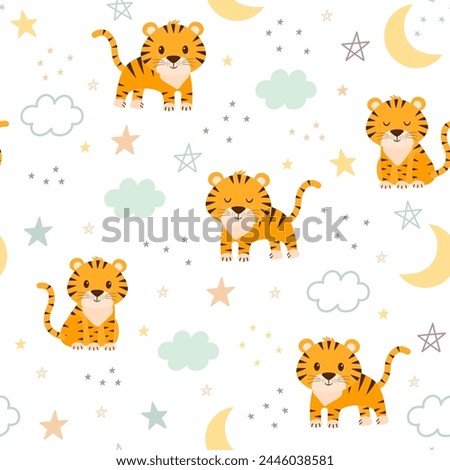 Cute tiger in the sky with clouds and stars. Seamless funny tiger in flat style for fabric wrapping paper textile poster.