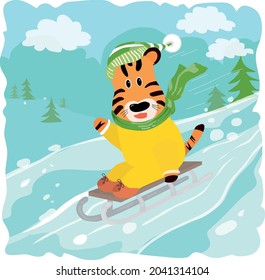 Cute tiger sledding. Wintertime. Vector childish illustration
