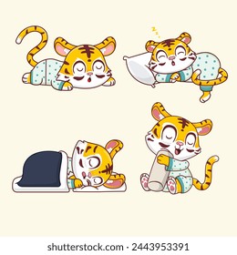 Cute Tiger Sleeping On Different Positions Vector Illustration 