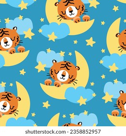 Cute Tiger sleeps on the Moon Hand Drawn pattern seamless Vector illustration. Print for home clothes, pajamas, a nightdress, textiles. Childish design.