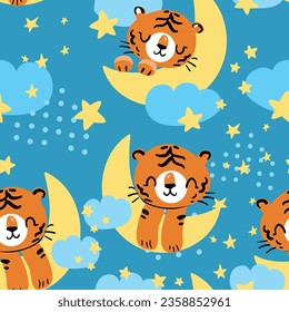 Cute Tiger sleeps on the Moon Hand Drawn pattern seamless Vector illustration. Print for home clothes, pajamas, a nightdress, textiles. Childish design.