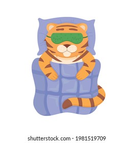 A cute tiger sleeps in a sleep mask under a blanket. Vector illustration in cartoon style. Baby character concept for nursery design, decorations, postcards, stickers and prints. Year of the Tiger