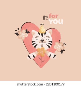 Cute tiger slogan print design. Funny tiger with flowers, heart and text It's for you. Vector illustration for prints, t-shirts, postcards, posters, stickers, packaging, fabric in flat cartoon style.
