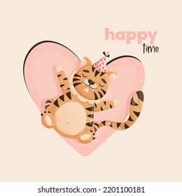 Cute tiger slogan print design. Funny tiger with heart and text Happy time. Vector illustration for prints, t-shirts, postcards, posters, stickers, packaging, fabric in flat cartoon style.
