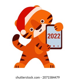 Cute tiger with smartphone in santa hat. Happy new year 2022. Vector illustration in cartoon style. Isolated on white background.
