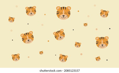 Cute tiger with smile on brown background. Seamless pattern with cute tigers head. Vector illustration