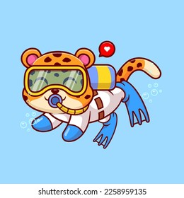 Cute Tiger Snorkeling Cartoon Vector Icon Illustration. Animal Nature Icon Concept Isolated Premium Vector. Flat Cartoon Style