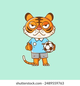 Cute tiger soccer player animal kawaii chibi character mascot illustration outline style design set