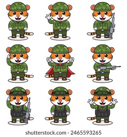 Cute Tiger soldier in camouflage uniform. Cartoon funny Tiger soldier character with helmet and green uniform in different positions. Funny Animal illustration Set.