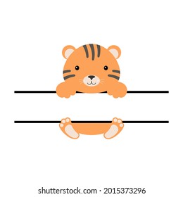 Cute tiger split monogram. Funny cartoon character for shirt, scrapbooking, print, greeting cards, baby shower, invitation, home decor. Bright colored childish stock vector illustration.