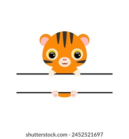 Cute tiger split monogram. Funny cartoon character for shirt, scrapbooking, greeting cards, baby shower, invitation. Bright colored childish stock vector illustration