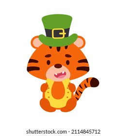 Cute tiger St. Patrick's Day leprechaun hat holds horseshoe. Irish holiday folklore theme. Cartoon design for cards, decor, shirt, invitation. Vector stock illustration.