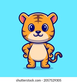 Cute Tiger Standing Cartoon Vector Icon Illustration. Animal Nature Icon Concept Isolated Premium Vector. Flat Cartoon Style
