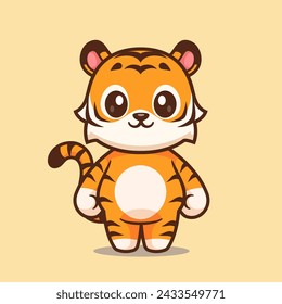 Cute Tiger Standing Cartoon Vector Icon Illustration. Animal Nature Icon Concept Isolated Premium Vector. Flat Cartoon Style