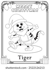 A cute tiger is standing on the floor wearing a hat and shorts: children coloring pages with adorable frames for Christmas: fun and easy simple education activity worksheets for kindergarten.