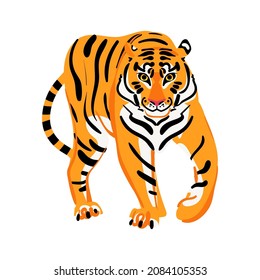 Cute tiger standing pose isolated on white background. Flat style funny vector illustration. Chinese zodiac tiger symbol. Animal colorful character