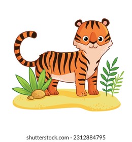 Cute tiger stands on a sandy meadow on a white background. Vector illustration with animal in cartoon style.