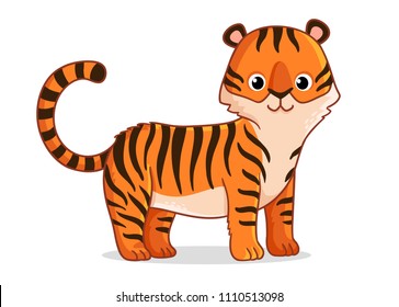 Cute tiger stands on a white background. Vector illustration with a predator on a white background in cartoon style.