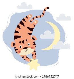 Cute tiger with star on background of blue sky, moon and clouds. Vector illustration. Childrens collection of cute animal designs, decor, cards and decorations, prints and posters