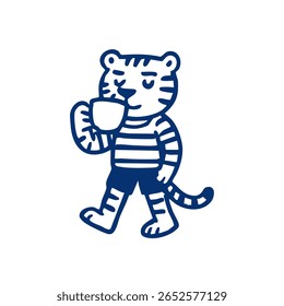 Cute tiger in striped shirt holding a coffee cup