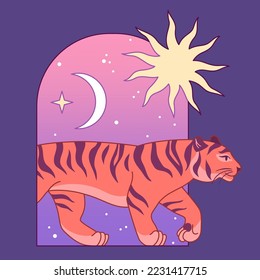 Cute Tiger, Sun, Moon, stars, arch. Modern abstract art. Boho style. Magical style print. Cosmic minimalistic scene. Protect wild animals poster. Magic concept. 