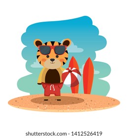 cute tiger with sunglasses and balloon on the beach