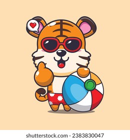 Cute tiger in sunglasses with beach ball cartoon illustration. Cute summer cartoon illustration. 