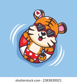 Cute tiger in sunglasses float with buoy. Cute summer cartoon illustration. 