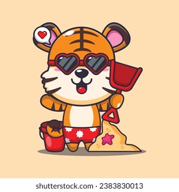 Cute tiger in sunglasses play sand beach cartoon illustration. Cute summer cartoon illustration. 