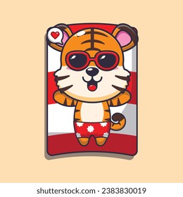 Cute tiger with sunglasses sleep on beach. Cute summer cartoon illustration. 