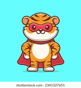 Cute Tiger Super Hero Cartoon Vector Icon Illustration. Animal Holiday Icon Concept Isolated Premium Vector. Flat Cartoon Style