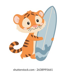 Cute tiger with surfboard, cartoon vector illustration isolated on white background.