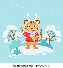 Cute Tiger In A Sweater With Ice Cream On Winter Background. Year Of The Tiger. Vector Illustration