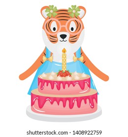 cute tiger with sweet cake in party celebration