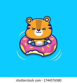 Cute Tiger With Swim Ring Dount Vector Icon Illustration. Animal Summer Icon Concept Isolated Premium Vector. Flat Cartoon Style 