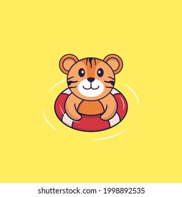 Cute tiger is Swimming with a buoy. Animal cartoon concept isolated. Can used for t-shirt, greeting card, invitation card or mascot.