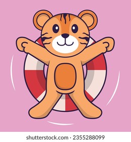 Cute tiger is Swimming with a buoy. Animal cartoon concept isolated. Can used for t-shirt, greeting card, invitation card or mascot