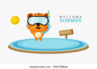 Cute tiger swimming on the beach with summer greetings