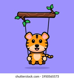 Cute tiger swinging on tree  cartoon mascot