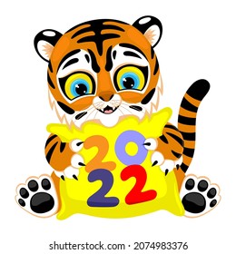 Cute tiger symbol of 2022 with pillow on white background. 