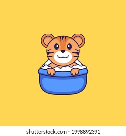 Cute tiger taking a bath in the bathtub. Animal cartoon concept isolated. Can used for t-shirt, greeting card, invitation card or mascot.