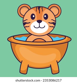 Cute tiger taking a bath in the bathtub. Animal cartoon concept isolated. Can used for t-shirt, greeting card, invitation card or mascot.