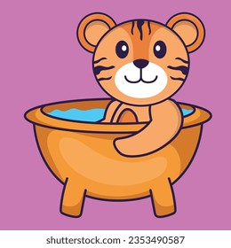 Cute tiger taking a bath in the bathtub. Animal cartoon concept isolated. Can used for t-shirt, greeting card, invitation card or mascot