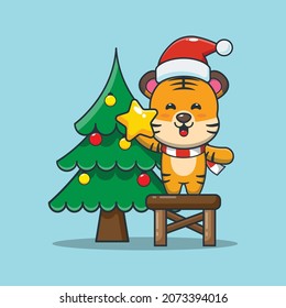 Cute tiger taking star from christmas tree. Cute christmas cartoon illustration.