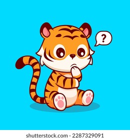 Cute Tiger Thinking Cartoon Vector Icon Illustration. Animal Nature Icon Concept Isolated Premium Vector. Flat Cartoon Style