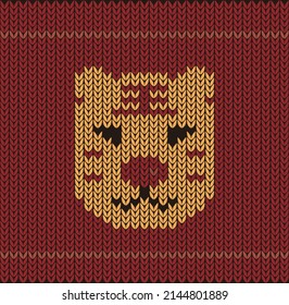 Cute tiger toy on the knitting pattern, Happy new year, vector illustration
