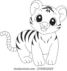 A cute tiger tracing illustration using dotted guiding lines, friendly expression, and simple shapes designed for kids’ worksheets, early learning materials, and fun tracing practice activities.